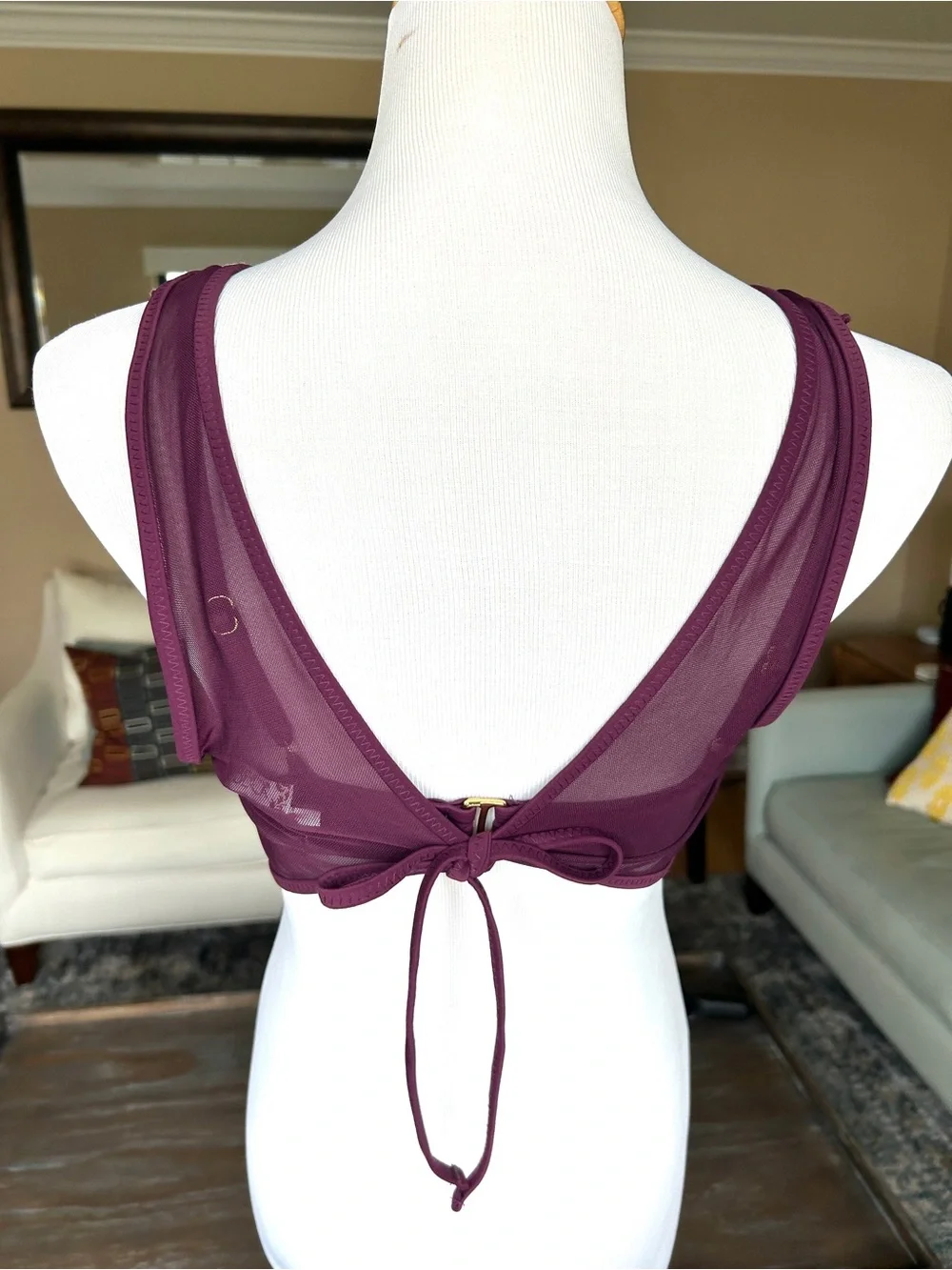 BECCA Muse Mesh-Overlay Multi-Way Bralette Bikini Top Aubergine Deep Purple NWOT - Picture 8 of 12
